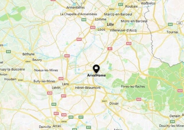 Carte routière perm.ettant de localiser l'adresse de la société ArvalHome à Oignies (62590).